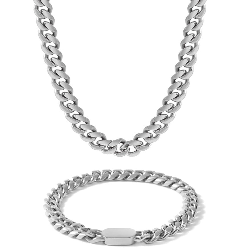 Cuban Chain 8mm Set (White Gold)